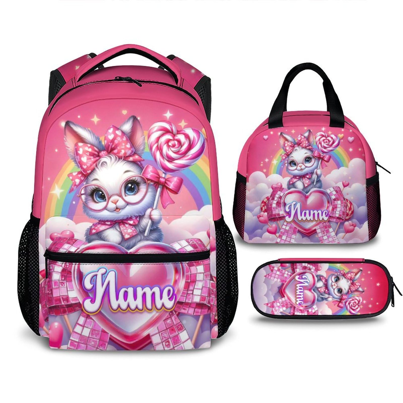 GIHSWE School Backpack Set for Girls, Personalized 3Pcs Bunny School Backpacks Matching Combo for Travel Camping, Custom Cute Lightweight Bookbag with