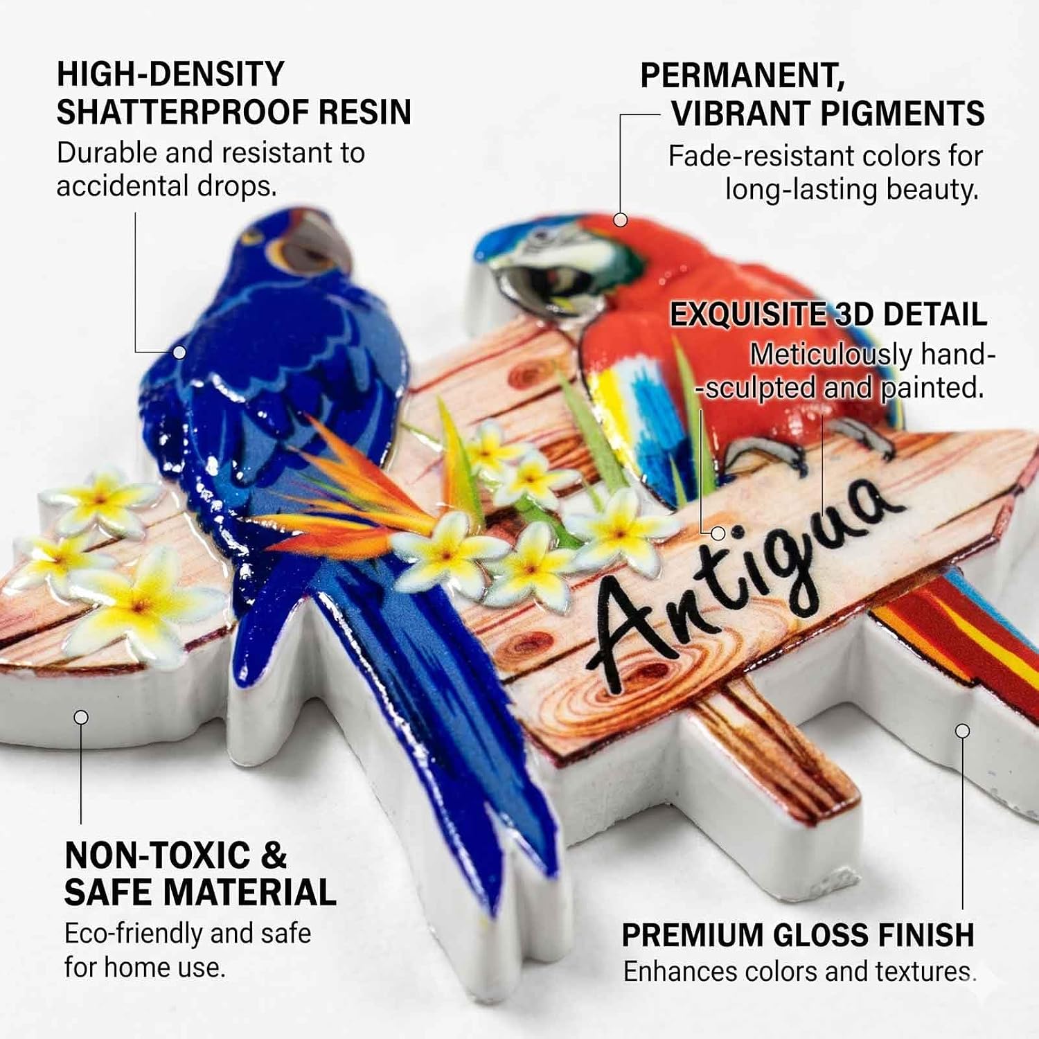 Antigua Tropical Parrots Fridge Magnet - 3D Resin Macaw Birds Refrigerator Magnet, Caribbean Travel Souvenir, Plumeria Floral Cruise Gift for Bird Lovers, 3.54 x 3.23 Inches image 3
