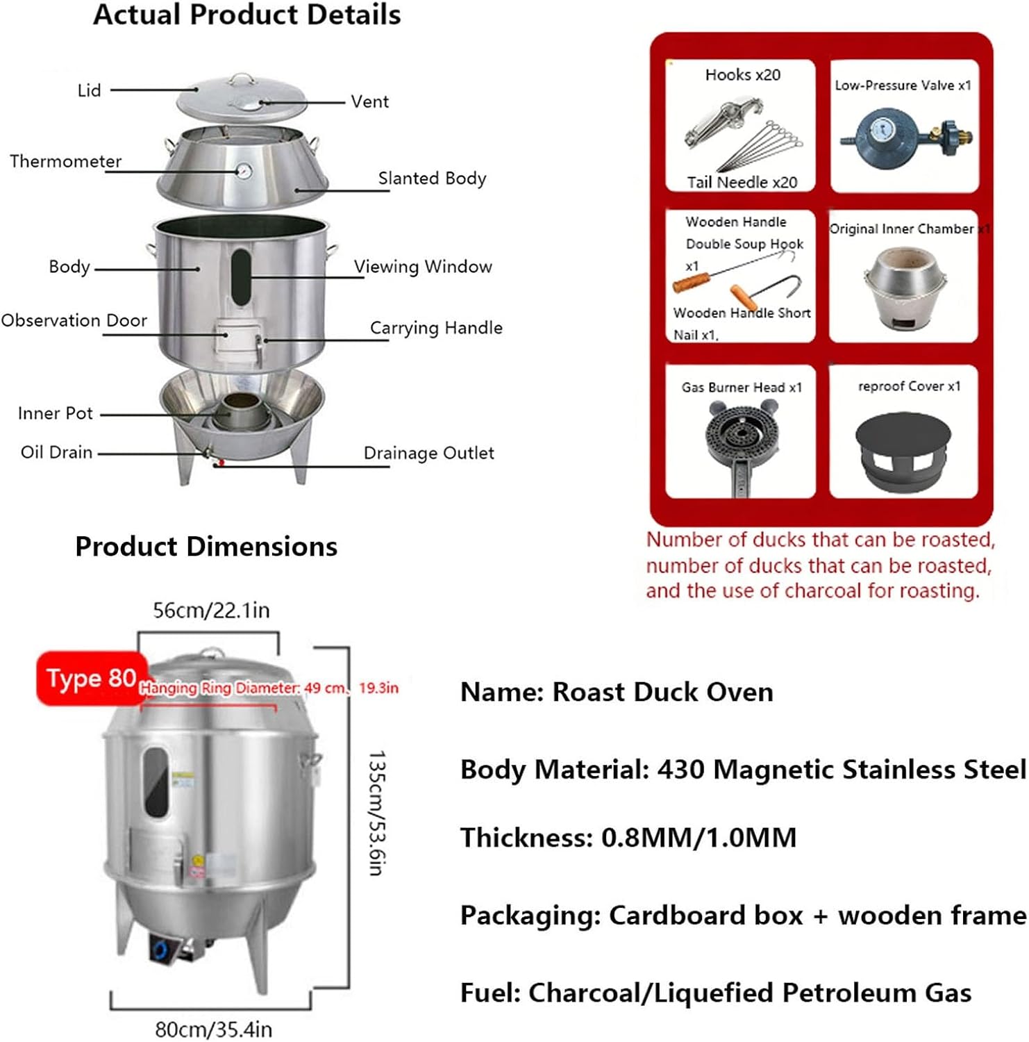 Commercial Duck Roaster Oven Gas Charcoal Stainless Steel, Cooking Machine, Extra Thick Version, Upgraded for Ribs, Lamb, Chicken, Double insulation for Restaurants and Food Factories