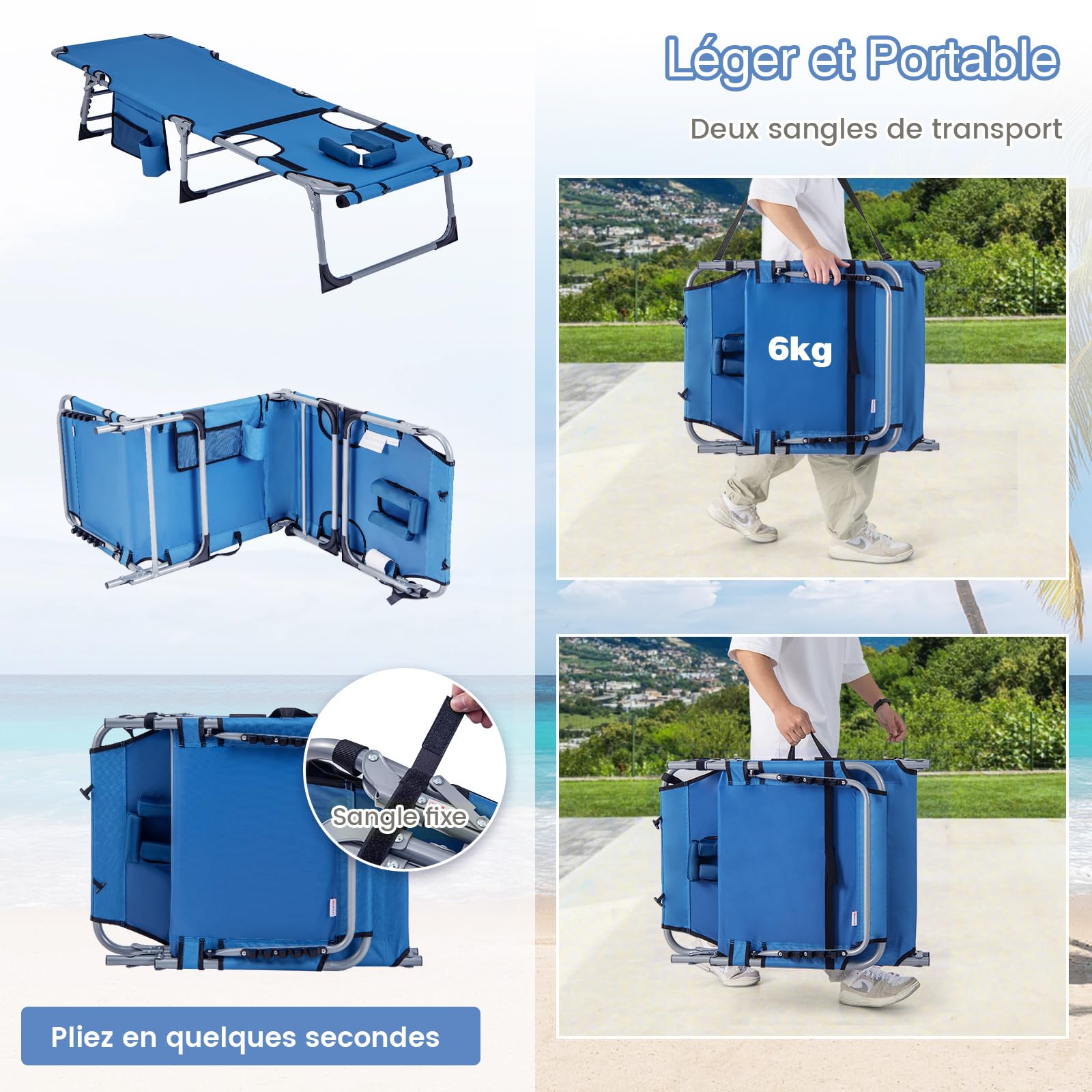 COSTWAY Bain de Soleil Pliable Inclinable à 5 Positions, Charge 150kg, Transat de Plage Pliable, Trou pour Visage, Appui-tête Amovible, Porte-gobelet et Poche, Chaise Longue pour Jardin Plage(Bleu)