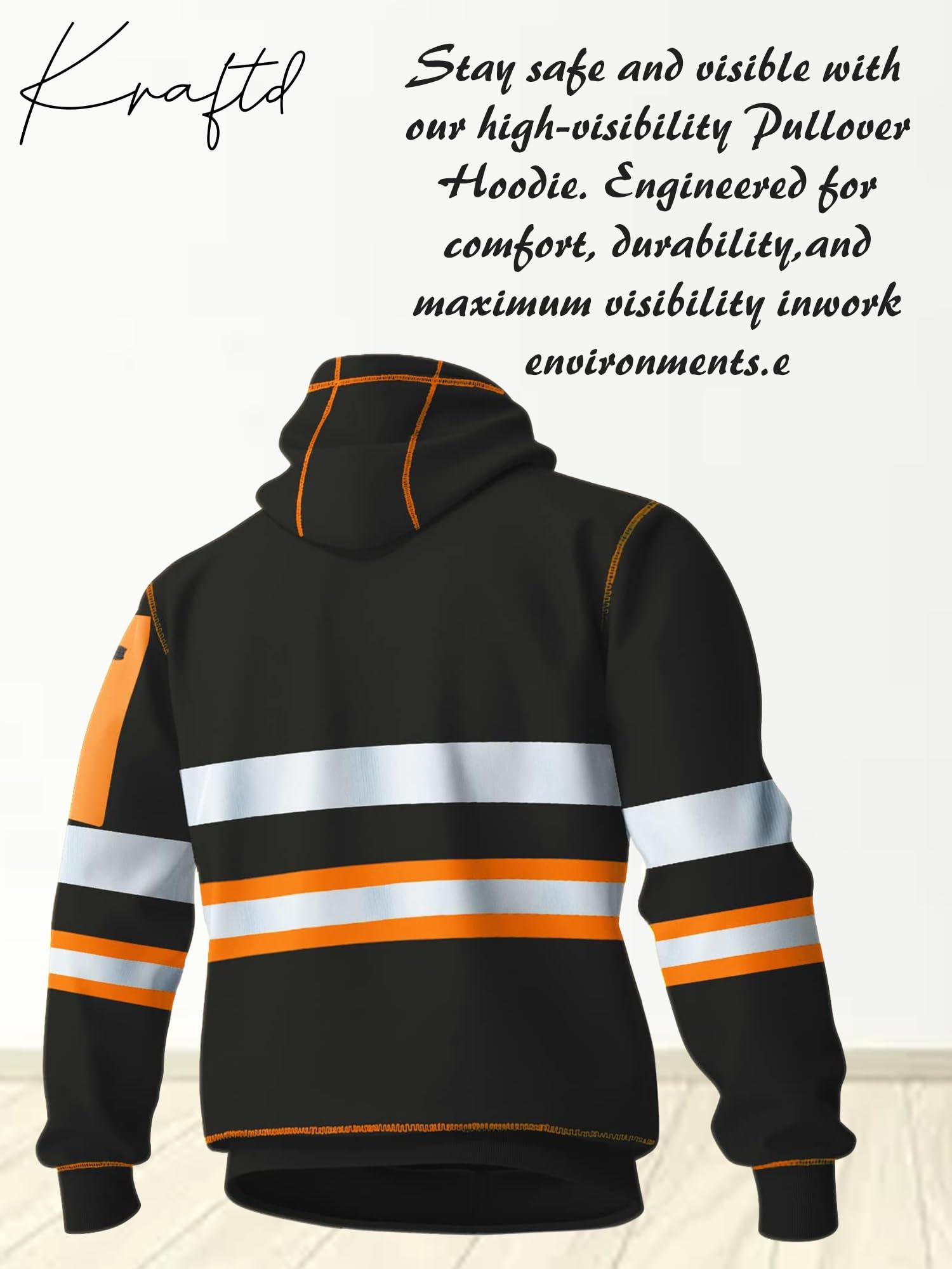 kraftd Mens Hi Vis Hoodie High Viz Hooded Sweatshirt Workwear Hoody With Reflective Tape — view 4