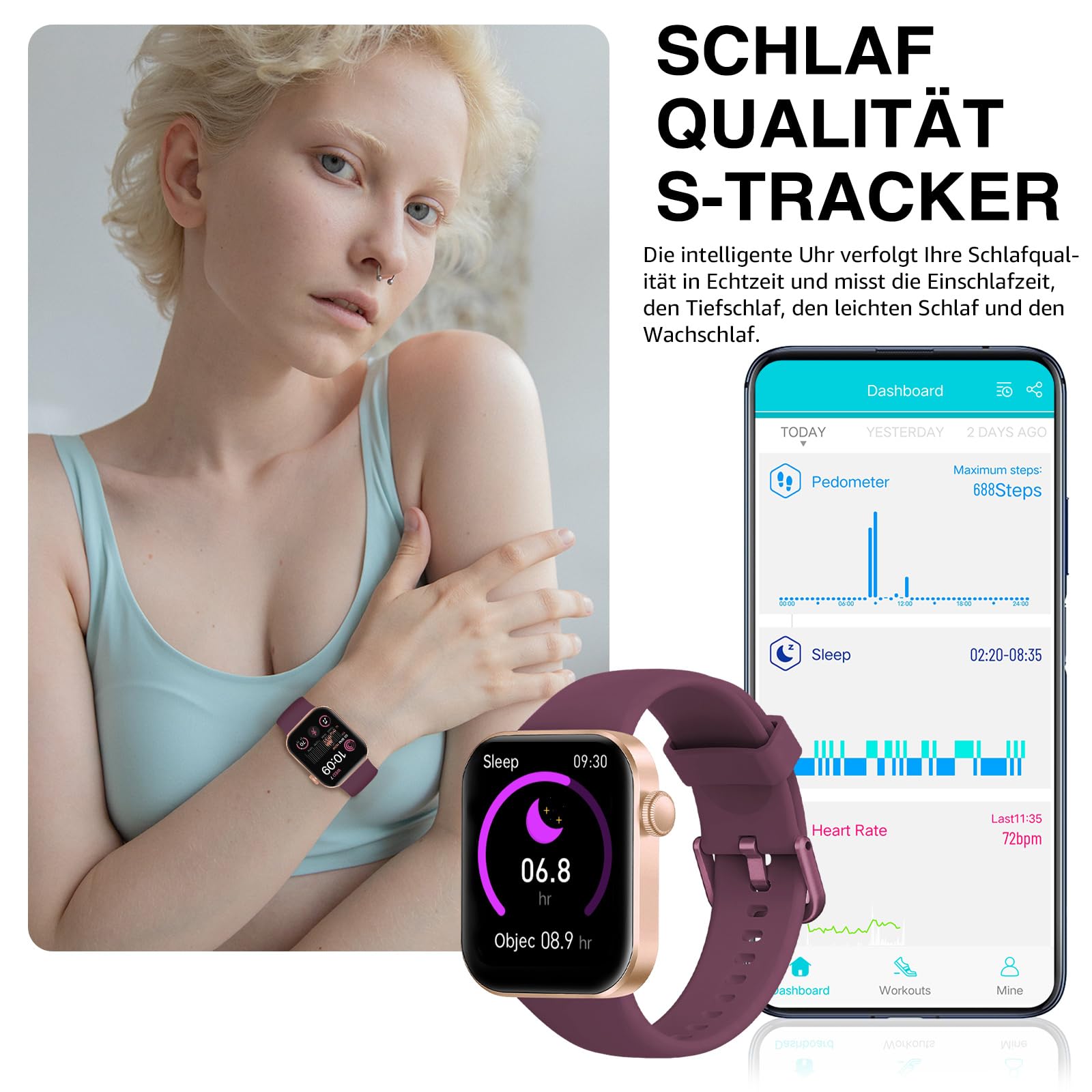 Smartwatch Damen Herren, 1,85" HD Touch Fitnessuhr mit Telefonfunktion, 140+Sportmodi Smart Watch Fitness Tracker mit Pulsmesser Schlafmonitor Schrittzähler, IP68 Wasserdicht Sportuhr für iOS Purple