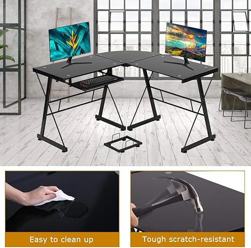 Miniatura 3 de Escritorio esquinero en forma de L para oficina en casa con teclado y soporte para CPU, vidrio endurecido, color negro
