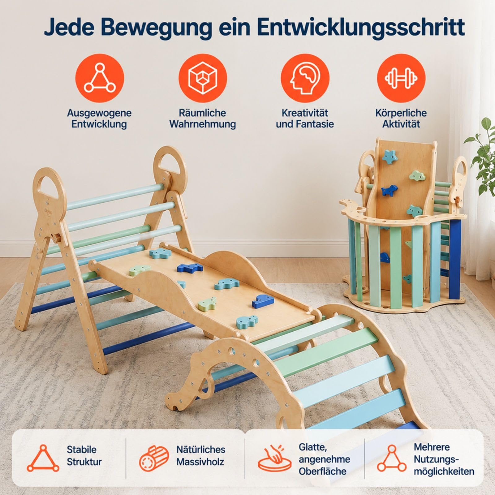 Kletterdreieck, 9-in-1 Kletterspielzeug, mit Holzautos, Kissen, Kletterdreieck, Rutsche & Kletterbogen, bis 68 kg, Montessori Indoor Spielset für Kinder im Alter von 1 bis 3 Jahren, Blau