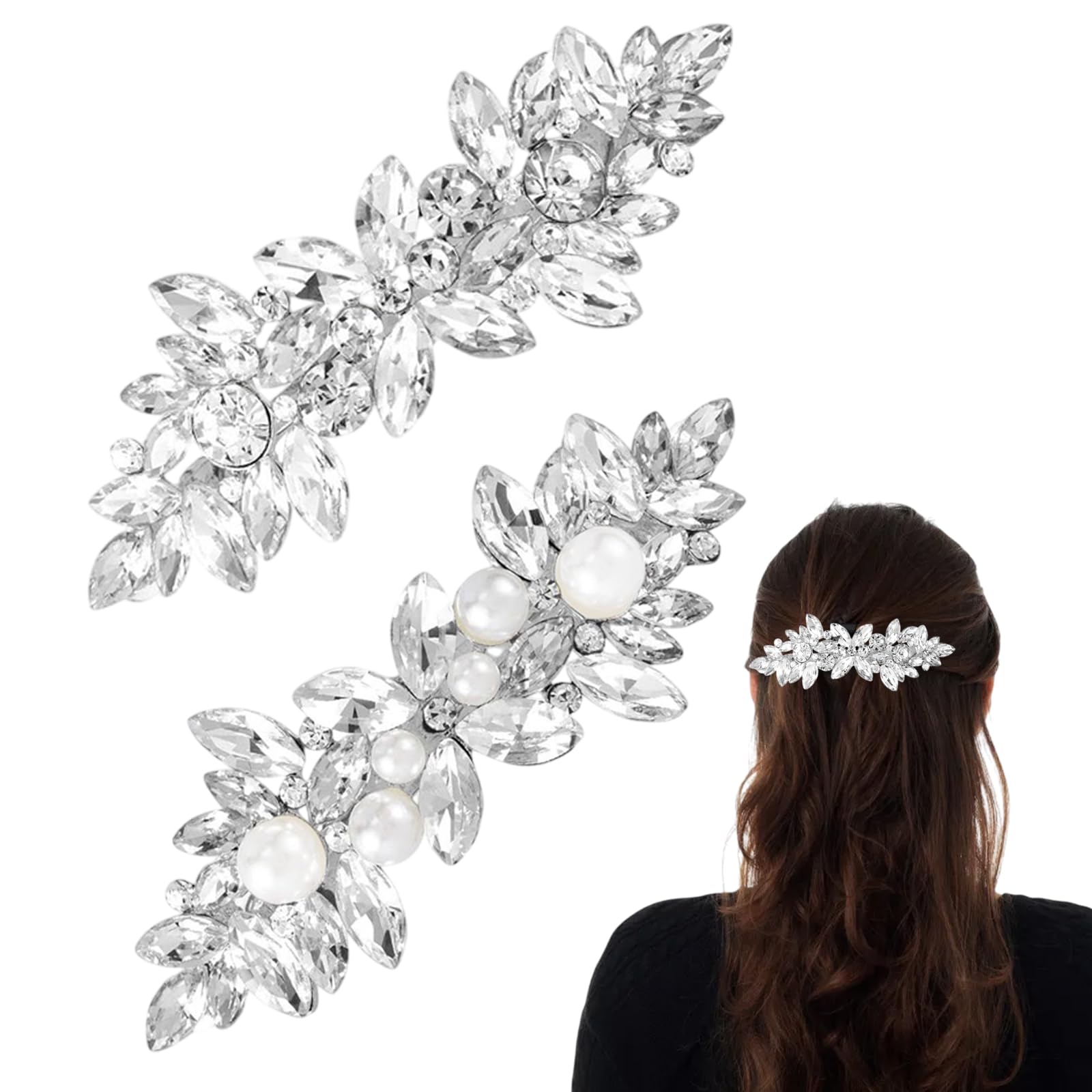 Glass Marquise Hair Clips, 2Pcs Alloy Rhinestone Pearl Floral Hairpins with Crystal Embellishments