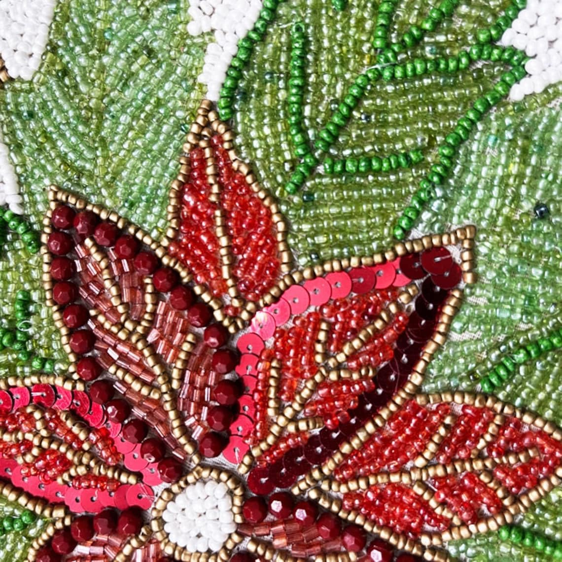 Enliven Christmas Handmade Table Runner, red and Green Floral Beaded Table Runner, Poinsettia Runner, 13x36inch