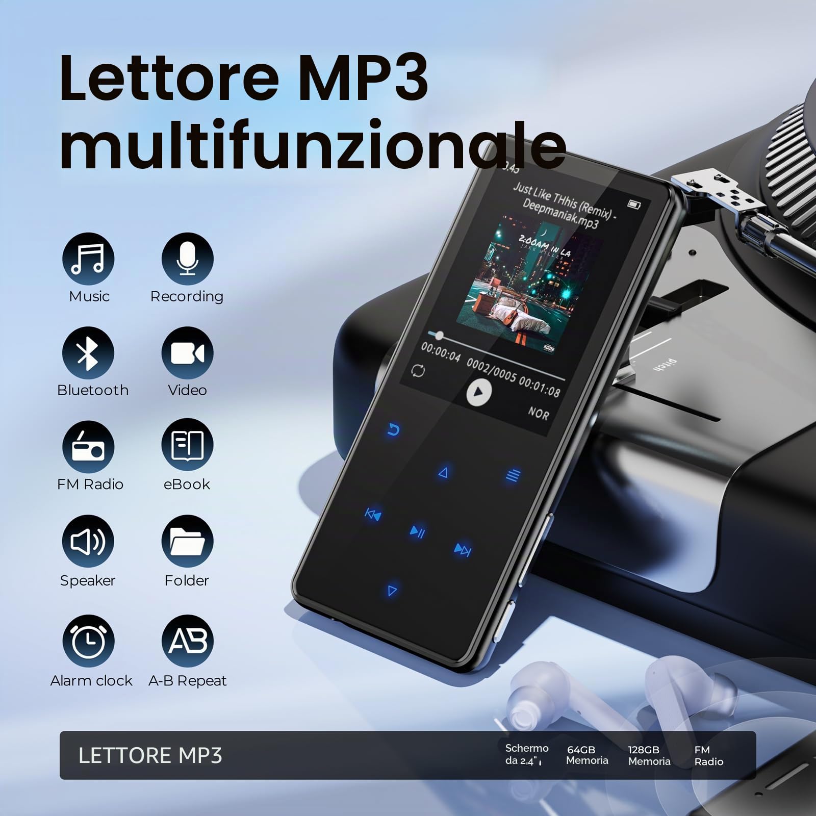 64 GB Lettore MP3 Bluetooth 5.3,Schermo 2,4 pollici altoparlante integrato | Lettore MP3 bambini con radio FM, registratore, e-book e auricolari inclusi,Scheda di memoria espandibile fino a 128 GB