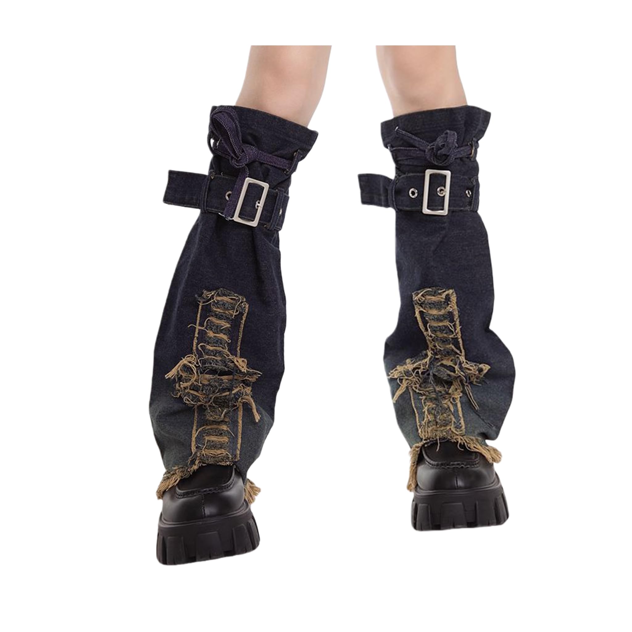1 Pair Women Y2K Denim Leg Warmers - Punk Cross Decor Fringe Hem for Boots Daily Outfits Over