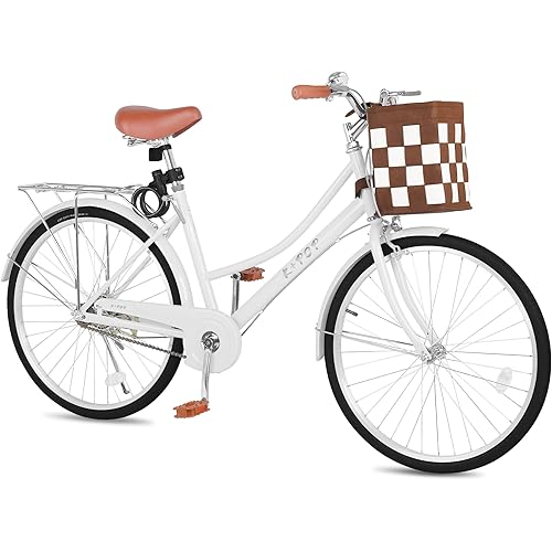 24 Inch Beach Cruiser Bike for Women, Hybrid Bikes Single Speed Adult Bicycles with Rear Rack & Basket & Lock, Womens Bicycle Comfort Bike w/Adjustable Seat, Vintage Commuter City Ladies Bike