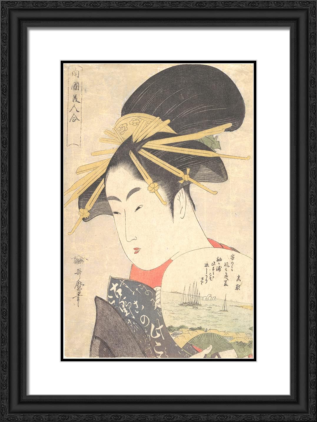ArtDirect Utamaro, Kitagawa 18x24 Black Ornate Framed Art Print with Double Matting Titled: Courtesan Holding a Fan