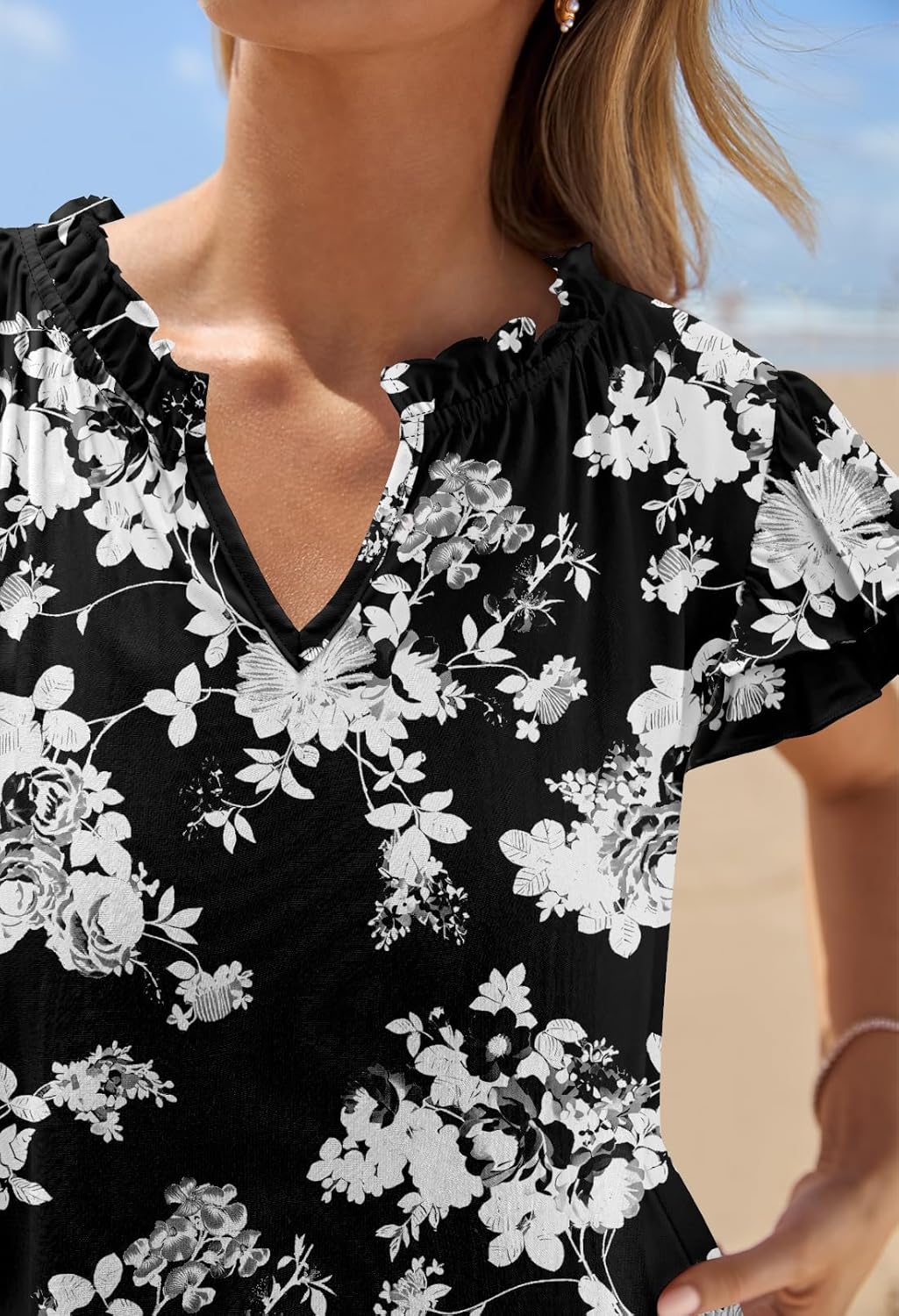 MEROKEETY Women's 2025 Summer Floral Blouses Ruffle Short Sleeve V Neck Tops Casual Loose T Shirts - Image 6