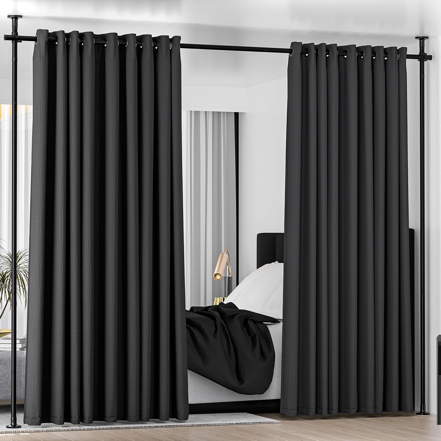 Room Divider Curtain Rod, No Drilling Wall Divider for Room Separation, Adjustable 48-120in (H) 30-70in(W), Heavy Duty Floor to Ceiling Tension Rod Divider, for Temporary Privacy Wall Divider-Black