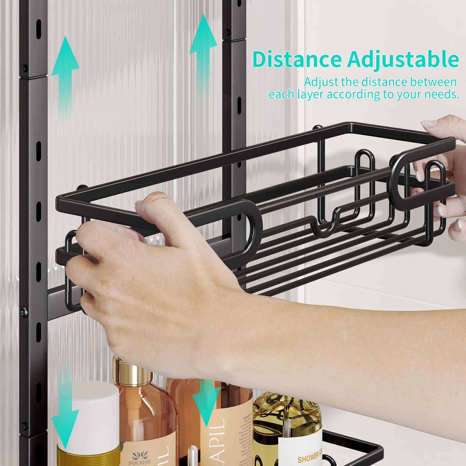 HapiRm Estante de ducha para colgar – Estantería de ducha colgante ajustable con 4 niveles cesta de ducha, estante de ducha sin taladrar con jabonera y ganchos, estante de ducha sobre la puerta, pared