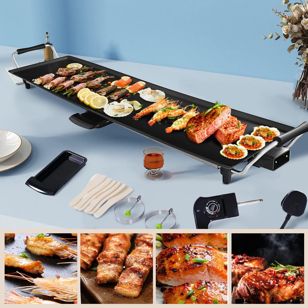 KOMFOTTEU Piastra Teppanyaki 1800W, Griglia Barbecue Elettrica, Rivestimento Antiaderente, Teppanyaki Grill da Tavolo per 8 Persone con 6 Spatole e 2 Anelli, Temperatura Regolabile, 90 x 23 cm, Nero