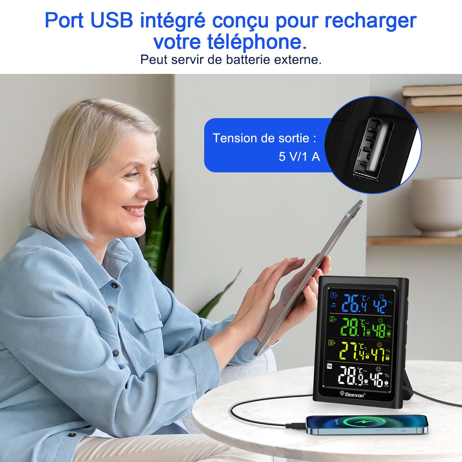 Geevon Thermomètre intérieur extérieur sans fil avec 3 capteurs à distance, hygromètre électronique, jauge de température avec portée de 60m Conditions sans obstruction