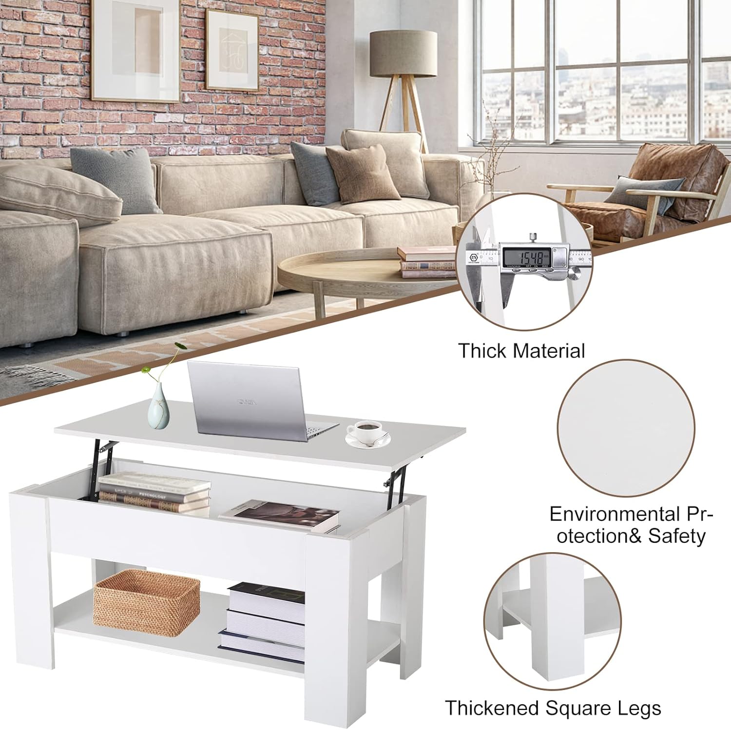 Modern Coffee Table, White, Lift Top, Wooden, Storage Shelf, 28x28x24 inches
