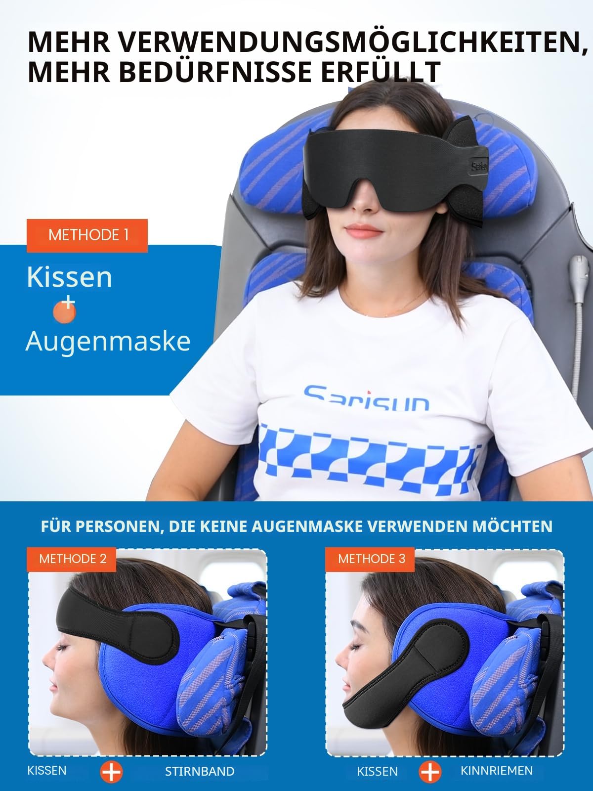 SARISUN Flugzeugkissen, Reisekissen für Flugzeuge mit Schlafaugenmaske, Flugzeugkissen für Lange Flüge, Autoradeise, Auto-Kopfstütze, Stop-Wackelkopf, Combo mit Kinnriemen, Stop-Wackelkopf, Schwarz