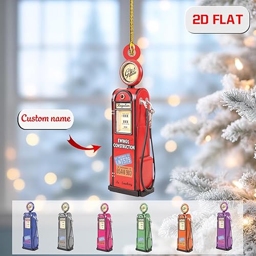 Adorno acrílico 2D personalizado, bomba de gas vintage, nombre personalizado, decoración navideña de estación de combustible retro