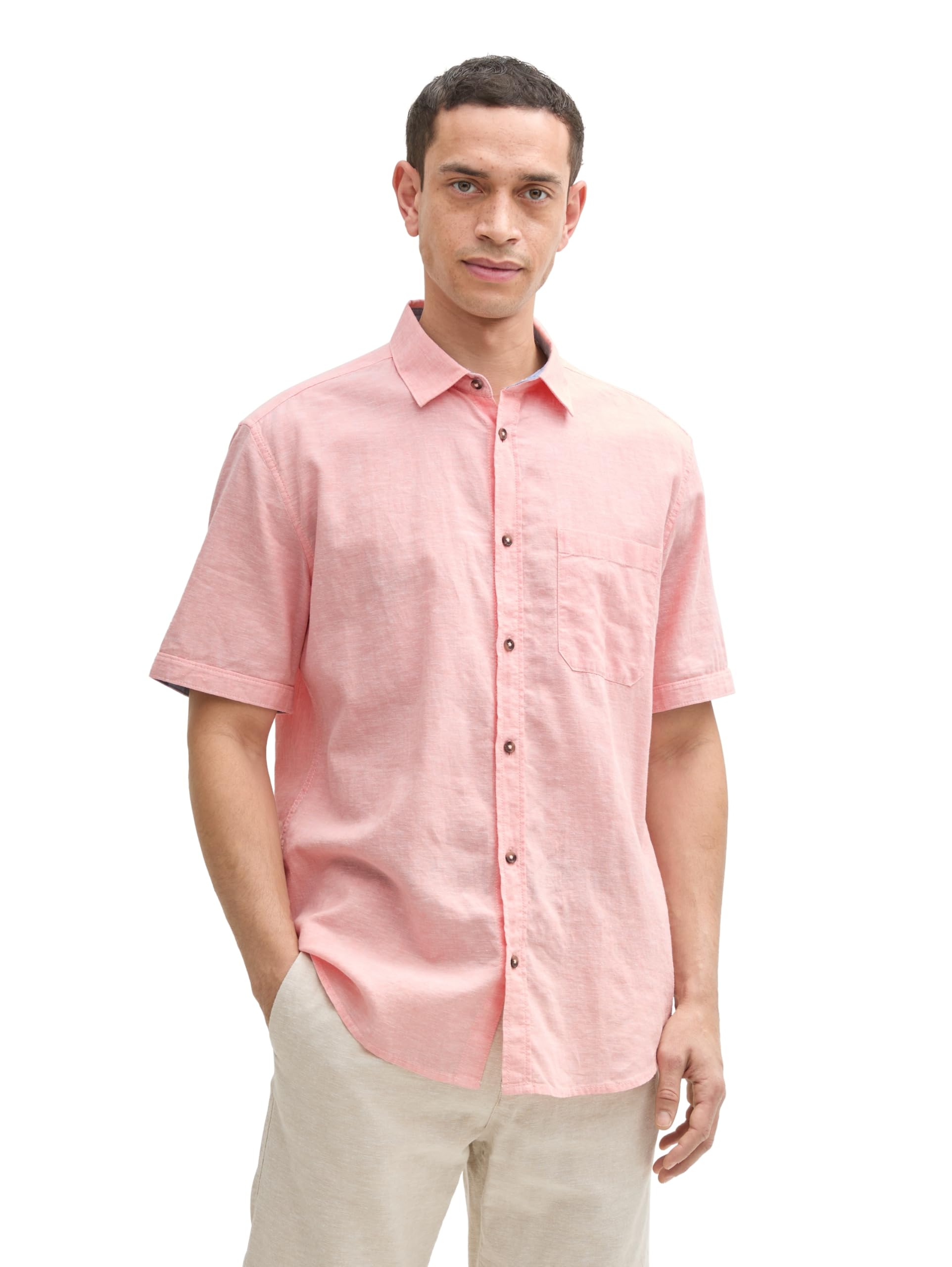 TOM TAILOR Men's Regular Fit Short Sleeve Shirt with Linen Content