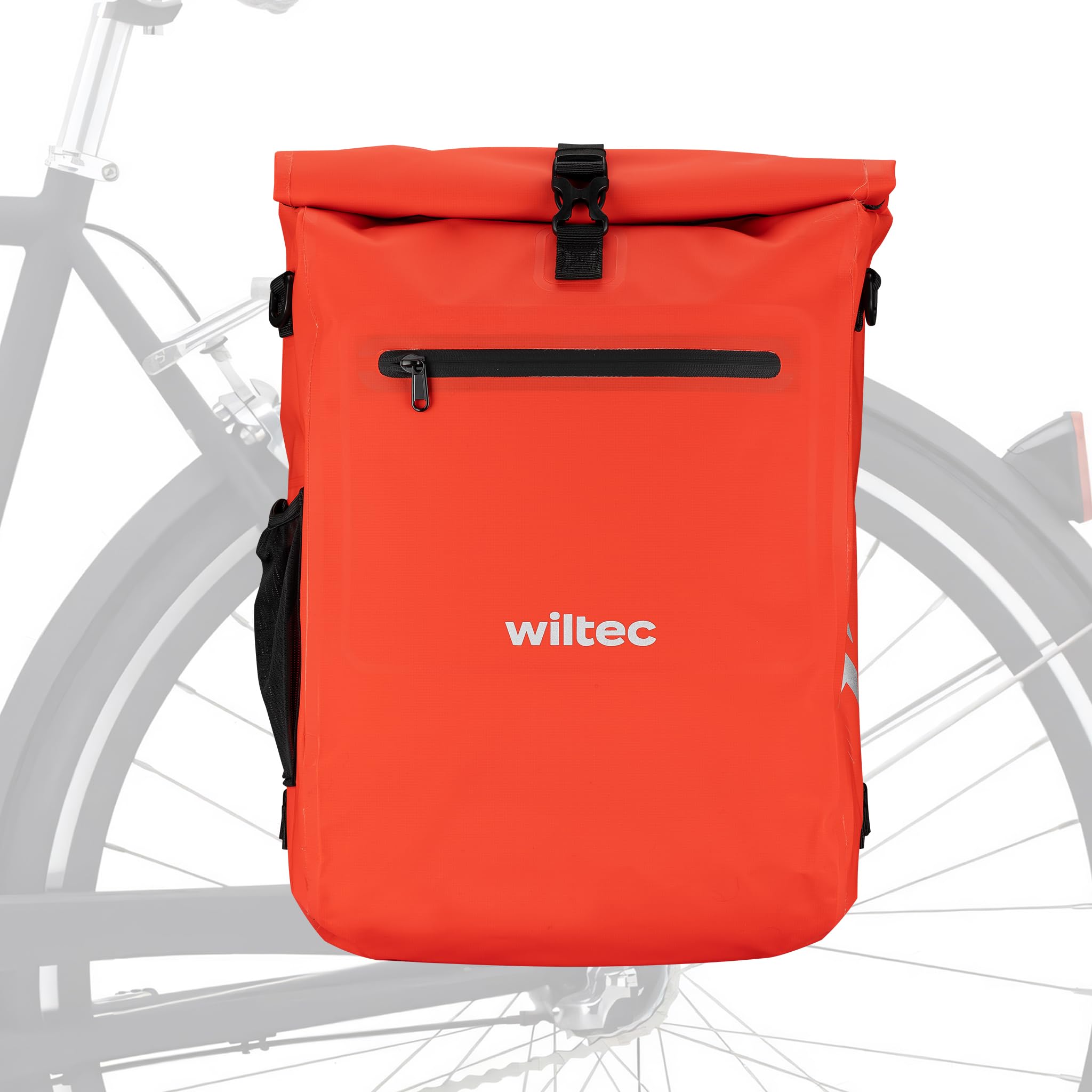 Wiltec Borsa per bici 4in1 25 l rossa, impermeabile, montaggio al portapacchi posteriore, scomparto laptop, elementi riflettenti
