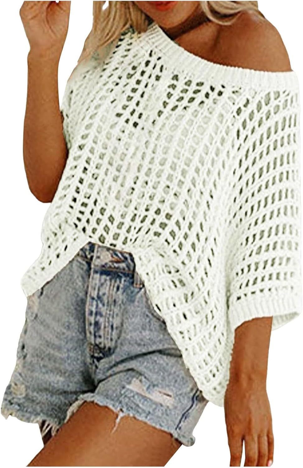 Womens Summer Scoop Neck Short Sleeve Sweater Casual Crochet Hollow Out Knit Tops Pullover Shirts Beach Coverup