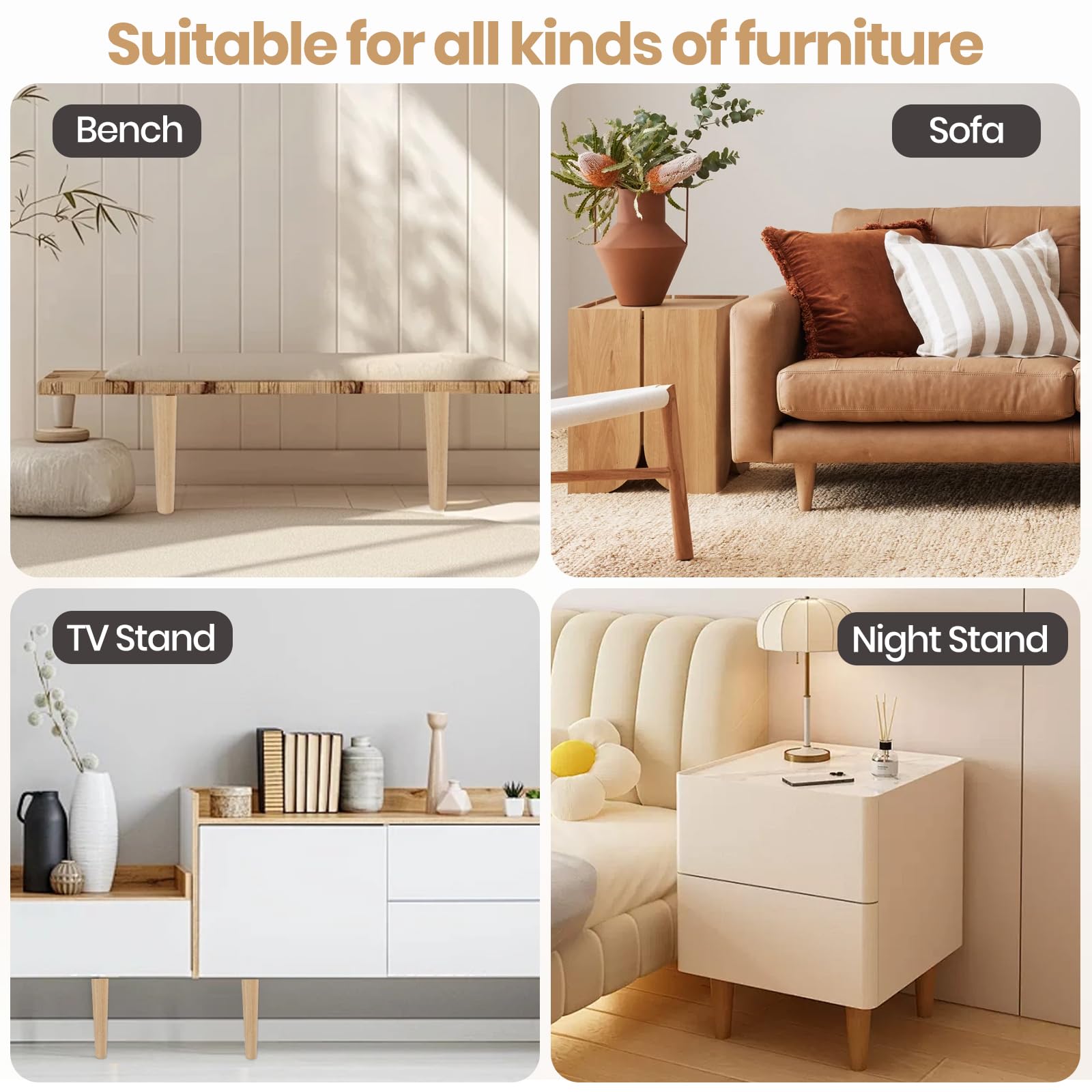 4 Patas para Madera 30cm con Placa – Soporte Firme para Muebles | Patas Madera con Placa y Goma Antideslizante,Fáciles de Montar,Perfectas para Sofá,Banco,Silla,Escritorio,Armario y Mesa