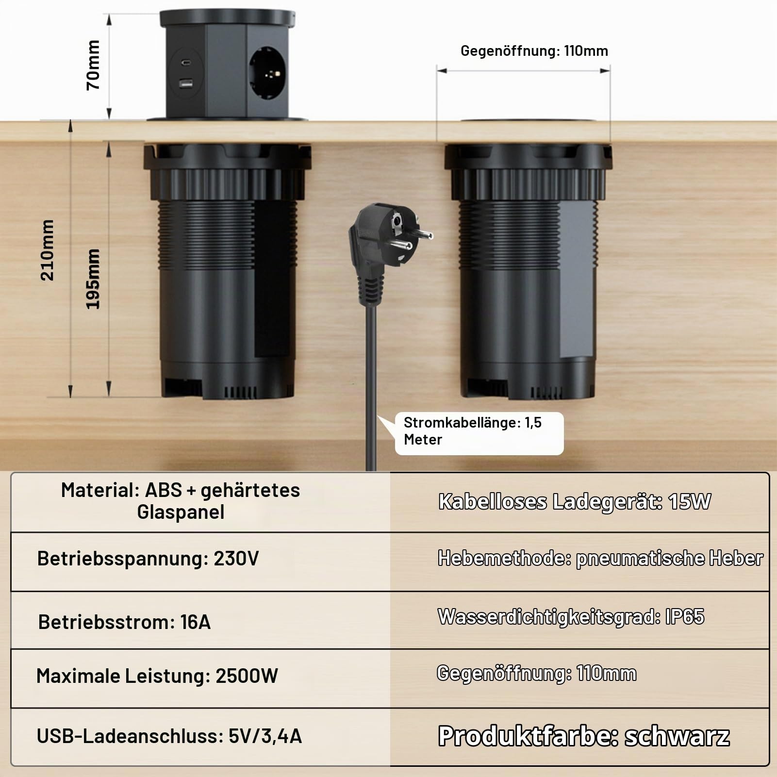 DEWIN Versenkbare Steckdose, Tischsteckdose 3 Fach Steckdosenleiste mit USB C, Kabellosem Ladegerät 15W und 1,5m Kabel Schwarz