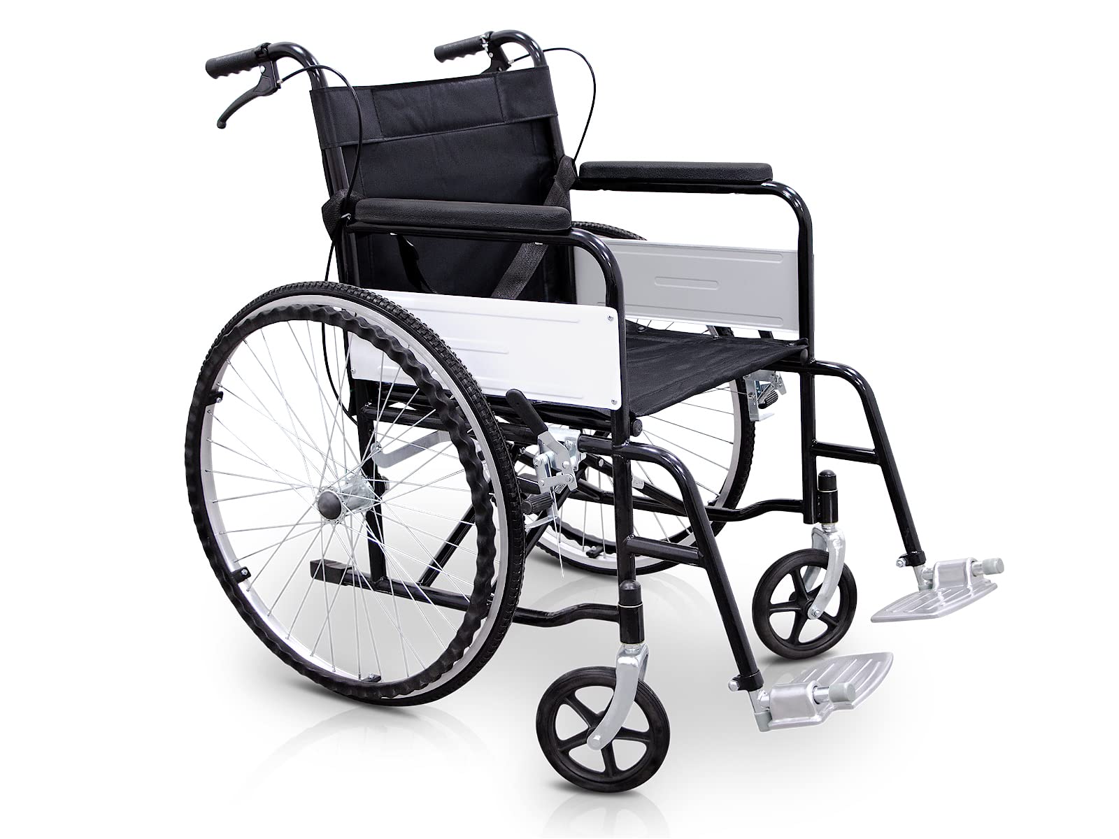 QUIRUMED Silla de ruedas plegable, modelo BASIC, Acero, Reposapiés extraíbles, Cinturón de seguridad, Asiento 46 cm, Para mayores, Para minusválidos, Hasta 120 kg
