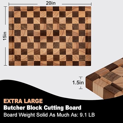 Miniatura 10 de Tabla de cortar de madera de acacia de 20 x 15 x 1.5 pulgadas, bloque de carnicero para cocina, tabla de cortar de acacia premium con ranura para