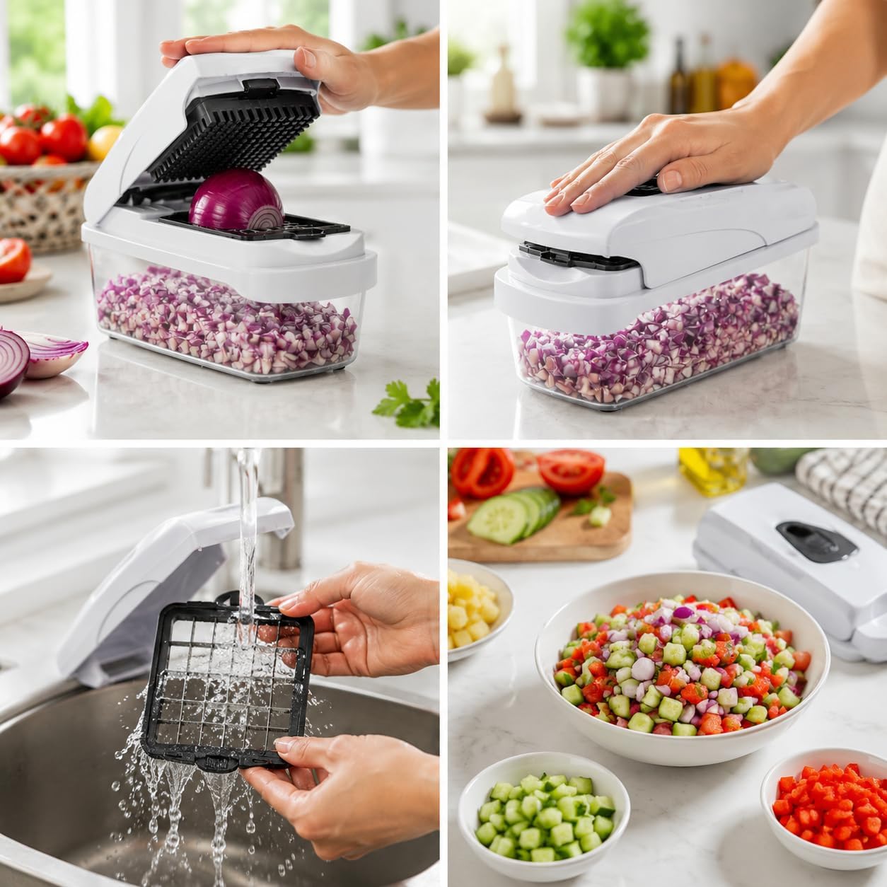 11-in-1 Vegetable Chopper with 8 Blades – Multifunctional Food Chopper & Mandoline Slicer, Onion Dicer, Potato & Carrot Cutter with Container, Kitchen Gadget (White/Black)