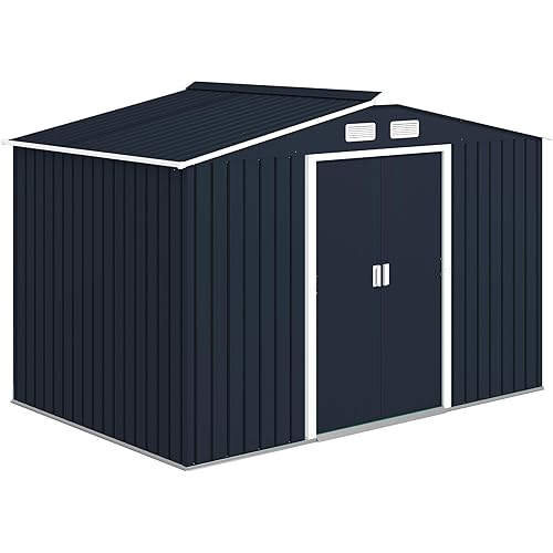 Outsunny 9' x 6' Outdoor Storage Shed, Garden Tool Metal Shed with Foundation Kit, Double Lockable Door, Air Vents and Sloping Roof, for Backyard, Patio, Lawn, Dark Gray