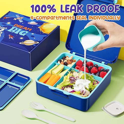 Miniatura 4 de Fimibuke Lonchera Bento para niños, a prueba de fugas, con 4 compartimentos, sin BPA, apta para lavavajillas, con utensilios, tamaños de porciones