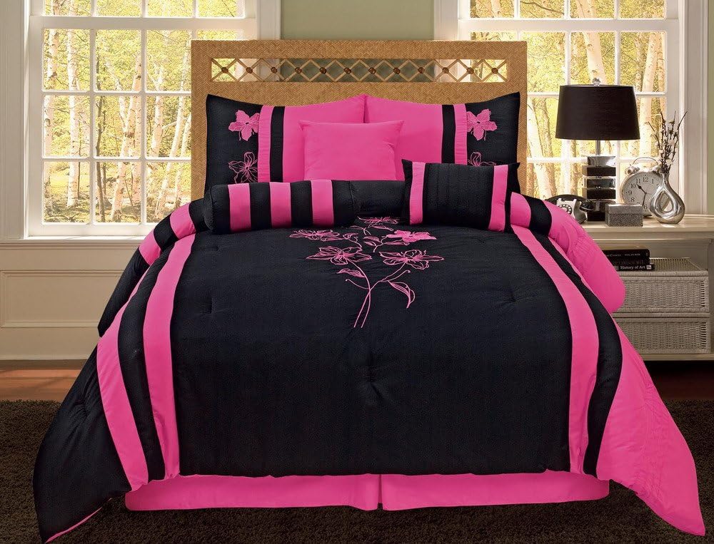 Empire Home 8 Piece Comforter Set Pink & Black Flower Design Bedding (Queen)