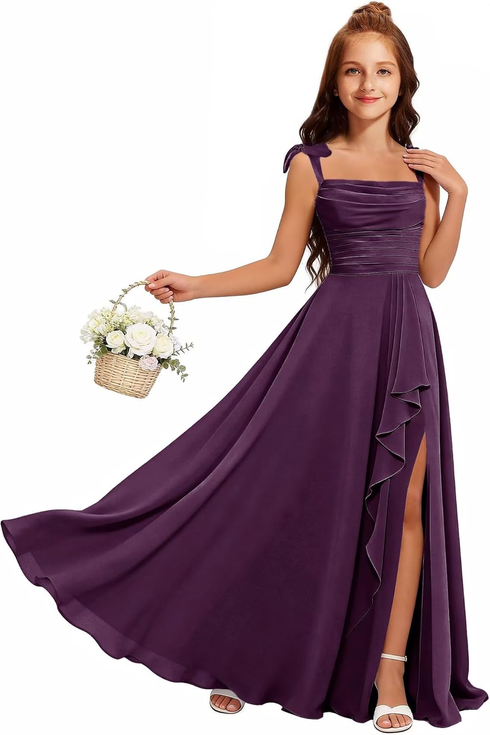 MRHUSH Junior Bridesmaid Dresses for Teen Girls Chiffon Flower Girl Dress Ruffles Wedding Guest Spaghetti Straps Party Gown