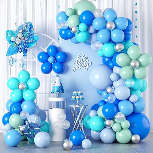 Guirnalda de globos de color azul y verde, kit de arco de globos de flores con globos de plata metálica azul verde mate para niños, baby shower,