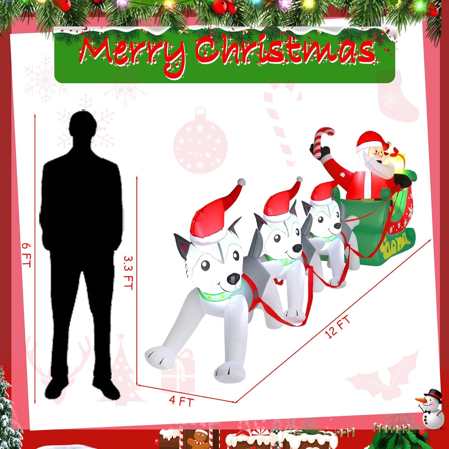 Capoda 12 FT Santa Sleigh Inflatable Decorations Outdoor, Giant Christmas Santa Claus on Sleigh with 3 Dogs Blow up Decor with Built-in LED Lights for 2025 Holiday Yard Lawn Garden Decoration - Image 2