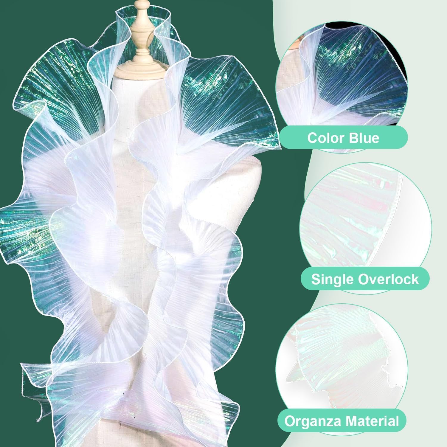 Ruffle Ribbon 5 Yards Jellyfish Tentacles Trim Pleated Organza Fabric for Mermaid DIY Crafts Sewing Dress Skirt Decoration (White, Small (177x5.5 inch))