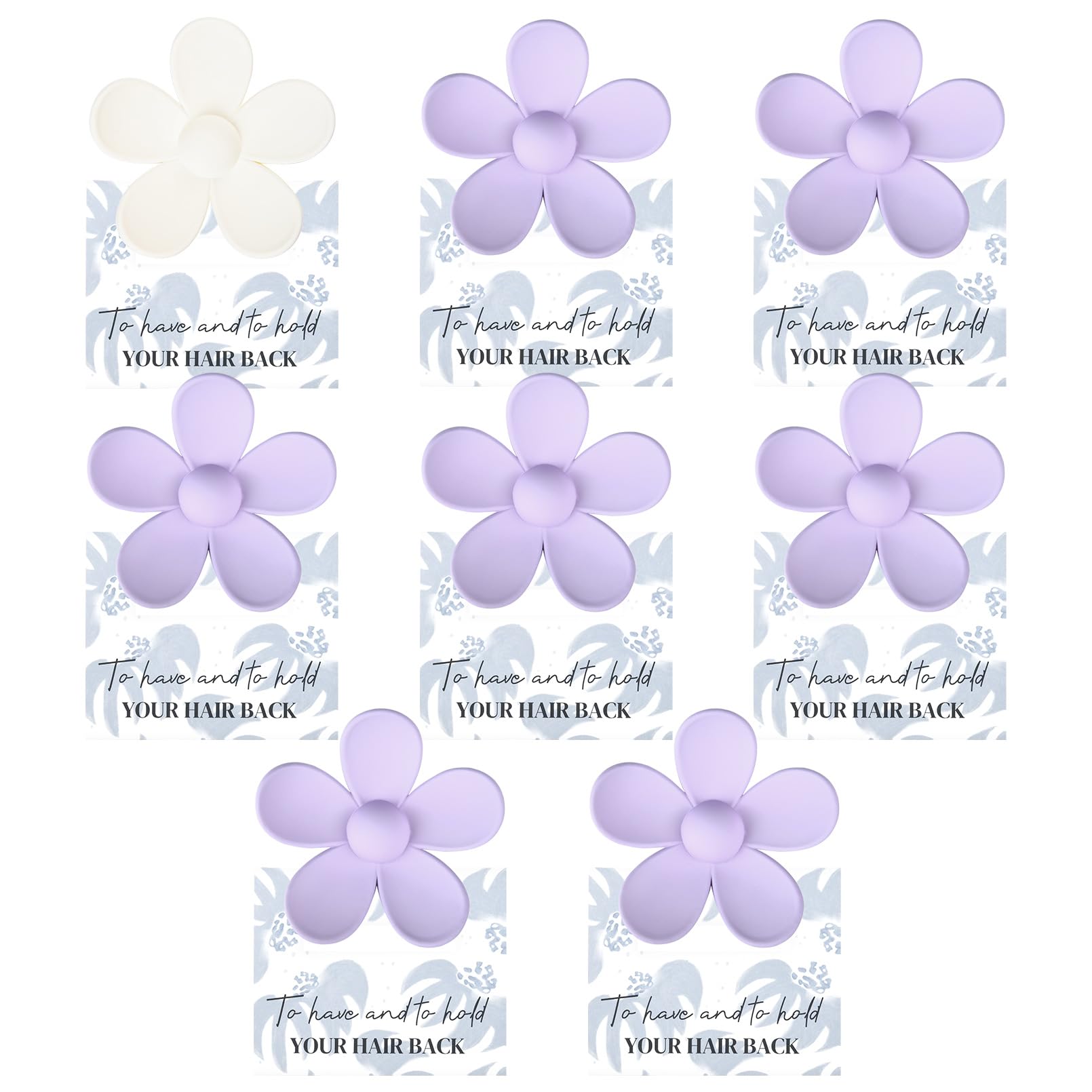 DEEKA Floral Bridesmaid Hair Claw Clips with Card - 8 Pack Bridal Party Favors for Bridesmaids and Bachelorette (White & Purple)