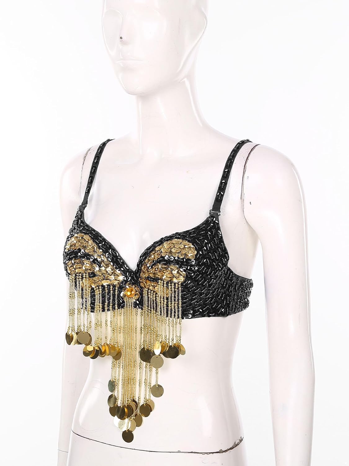 Linjinx Womens Belly Dance Top Tassel Glitter Underwired Fringe Beaded Sequined Bra Tops Music Festival Dance Costume