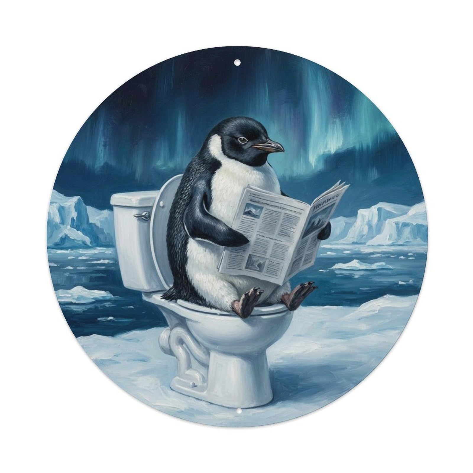 Penguin On Toilet Humorous Bathroom Icy Shore Reads Metal Tin Sign