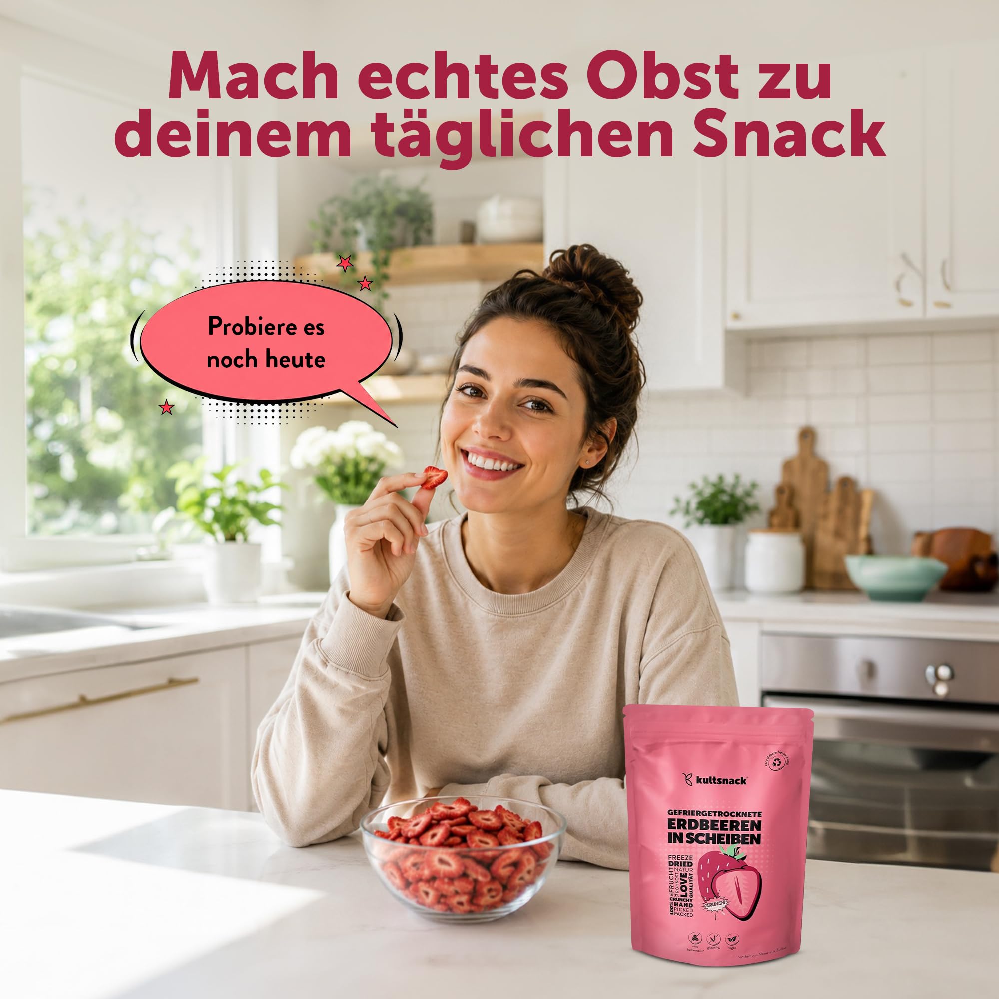 KULTSNACK Gefriergetrocknete Erdbeerscheiben – 500g – Getrocknete Erdbeeren – Als Snack & für Müslis – Süßigkeiten Ersatz – ohne Zuckerzusatz – Pure Frucht (Vegan, Glutenfrei)
