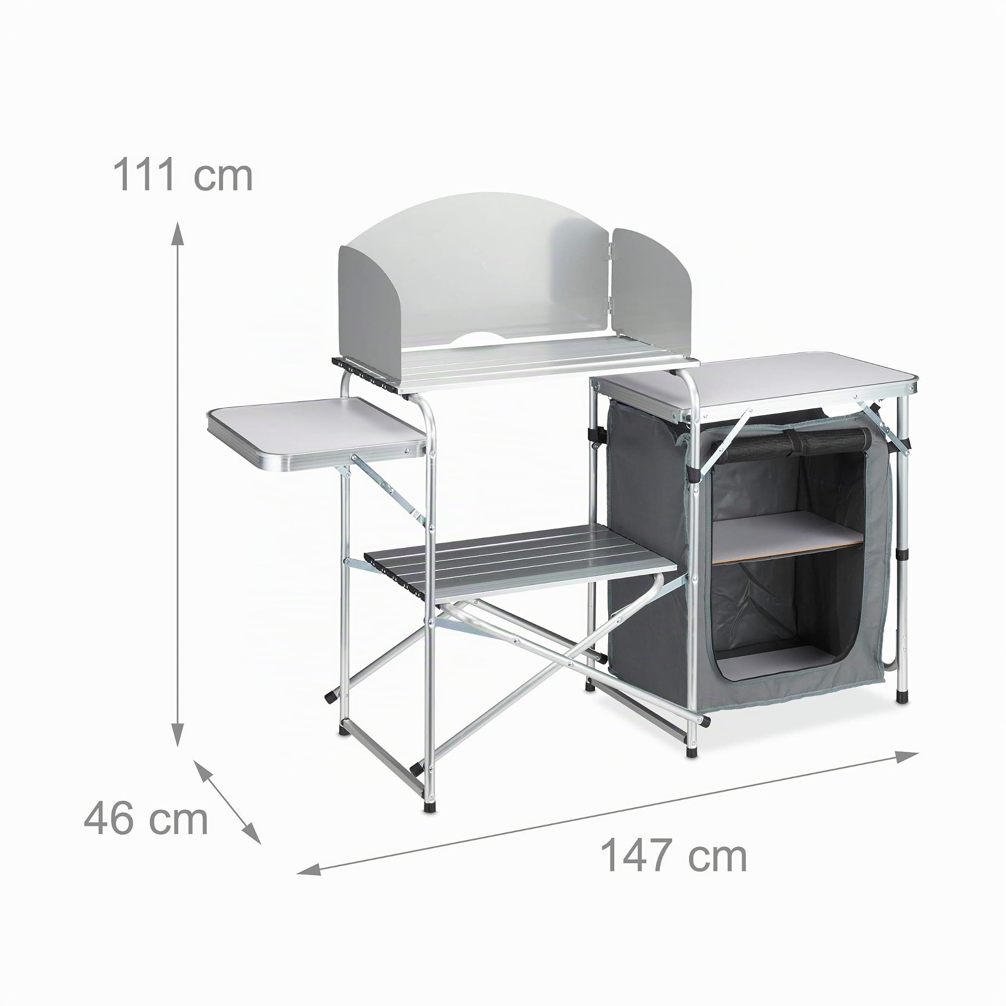 Relaxdays Cuisine de Camping avec Protection Contre Le Vent, Sac Portable, Armoire, Aluminium et MDF, HBT: 111x147x46cm
