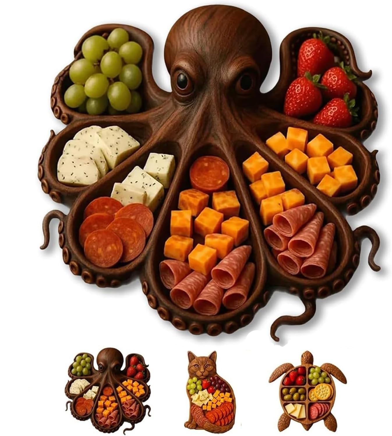 Planche de charcuterie poulpe et palette de service en bois naturel