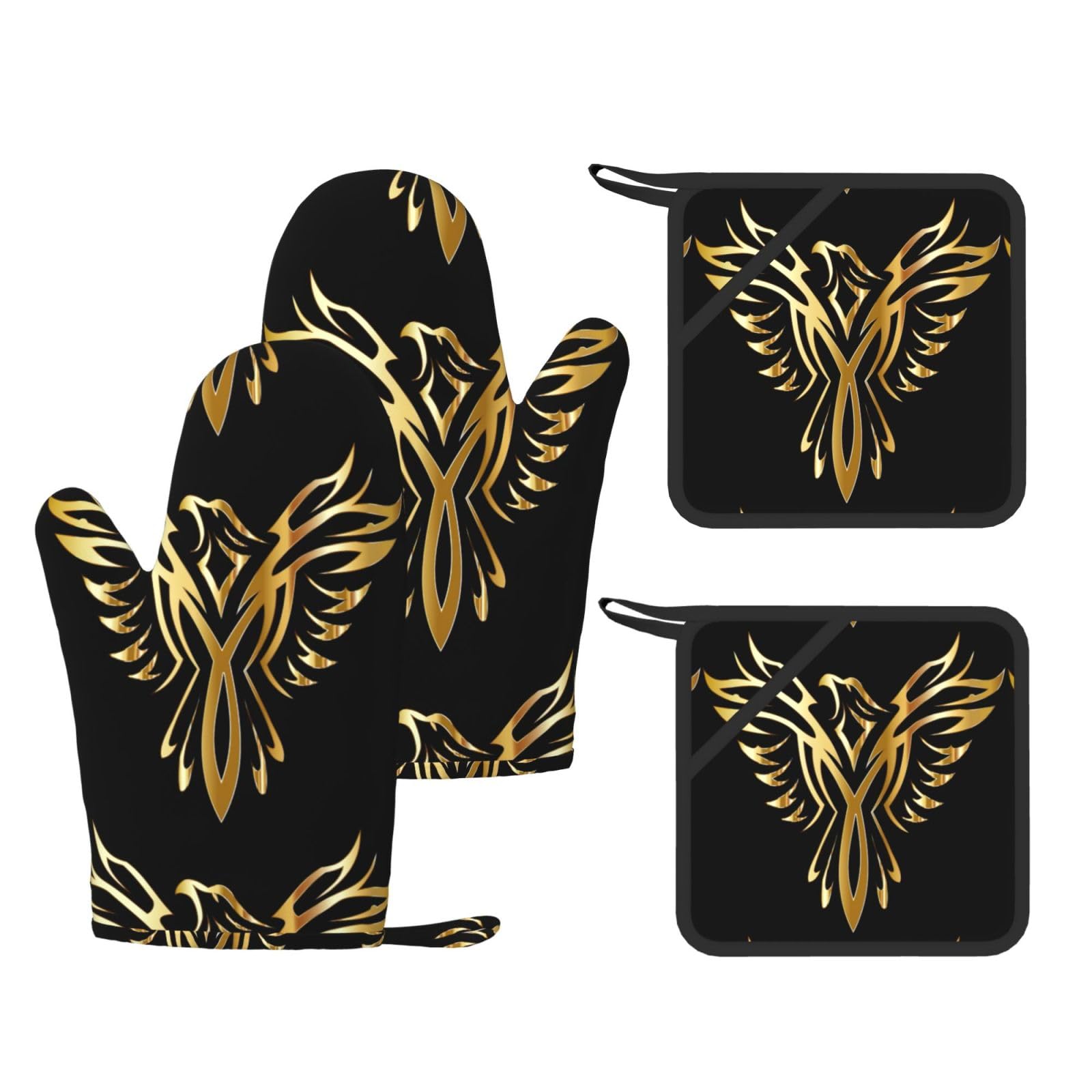 Phoenix Printed Cooking Mitts and Pot Holders 4 Pcs, Heat Resistant Oven Gloves with Hanging Loop Chef