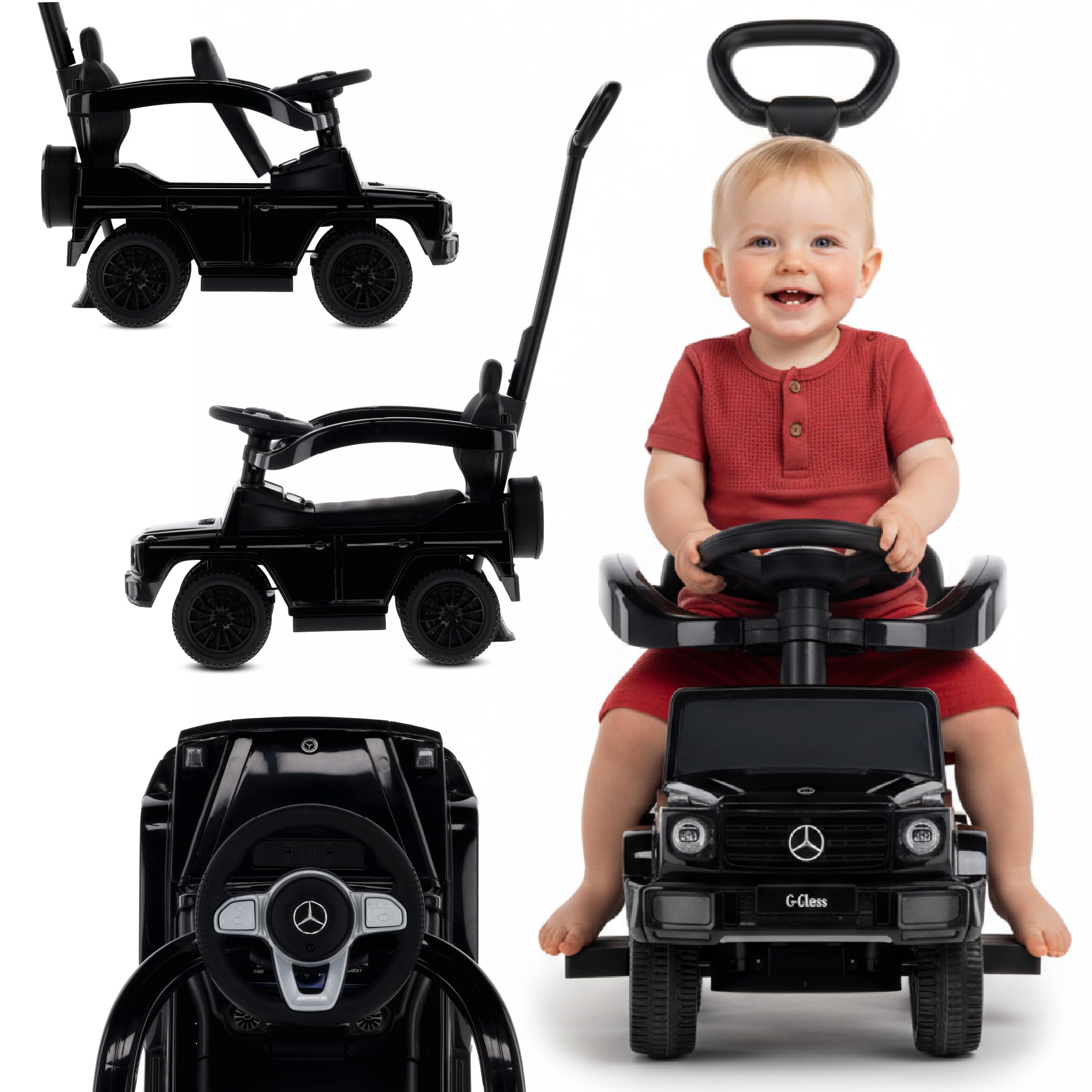 Rutschauto ab 1 Jahr mit Schubstange, Mercedes G mit Schubstange, Kinderauto, Baby Auto (Schwarz)