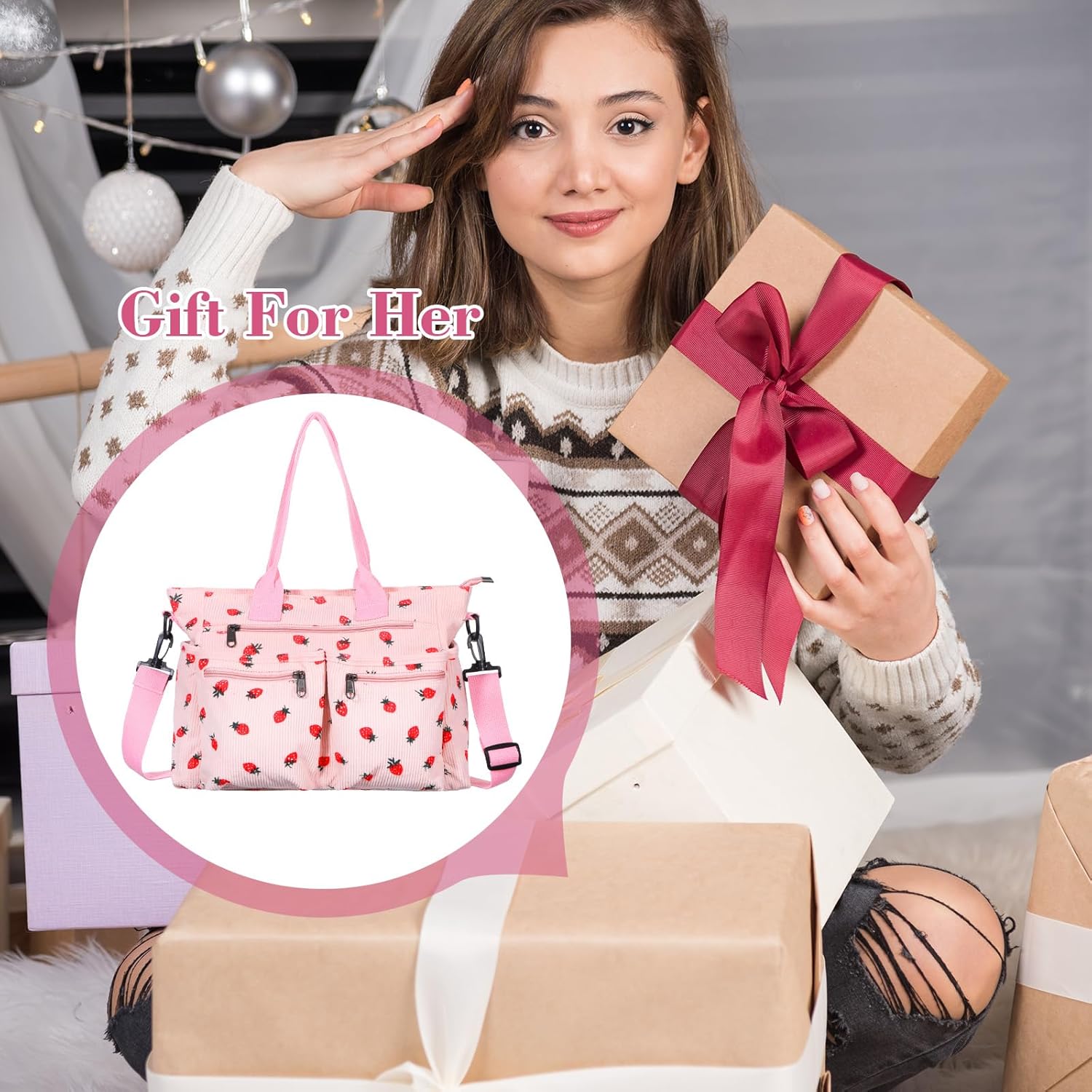 Pink Strawberry Tote Bag for Women Girls, Corduroy Everyday Tote Bag with Multi Pocket Cute Travel Shoulder Purse Handbag Crossbody Work Bags - Image 8