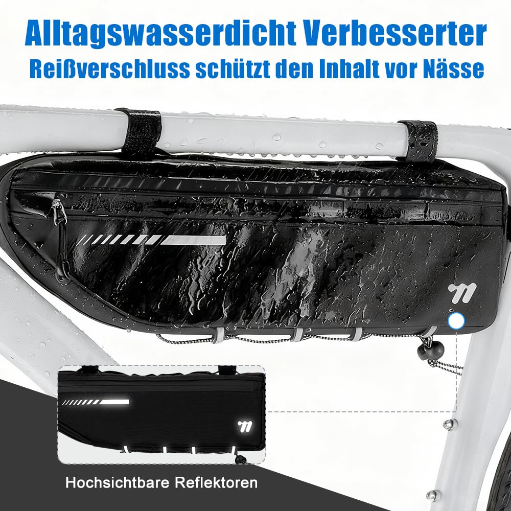 Oberrohr Fahrradtasche - 2,6L Rahmen Fahrradtasche mit Wasserdichtem Reißverschluss, Top Tube Bike Bag, Robuste Fahrradzubehörtasche für MTB Rennrad Gravelbike (Ganz Schwarz)