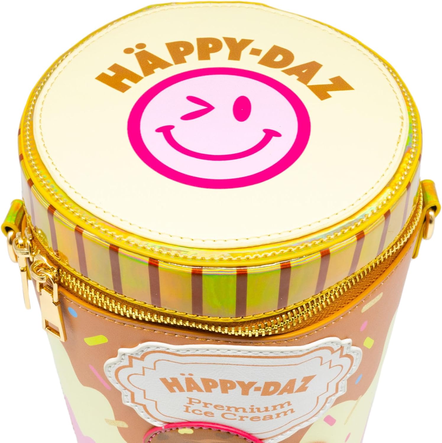 Bewaltz PU Leather Holographic Adjustable Strap Zipper Closure Milkshake Novelty Bag (Happy Daz Ice Cream Tub - Chocolate)