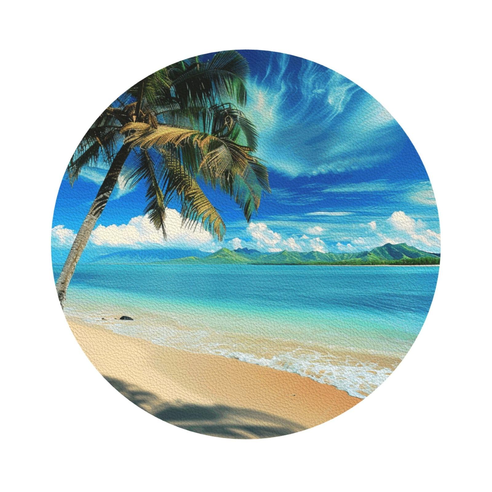 Tropical Palm Tree Hawaii Beach Print Leather Coaster Set of 6, Round Shape Coasters Table Decorative Coffee Cup Beverage Coasters Wine Beer Bar Coasters for Hot Drinks Table Protection