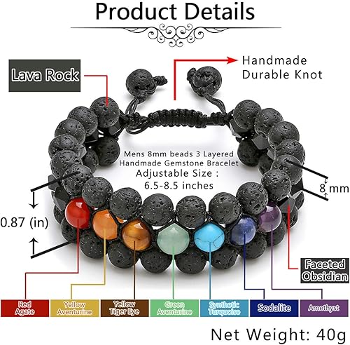 Miniatura 6 de Top Plaza - Pulsera para hombre con difusor de aceite esencial de piedra de lava y piedras preciosas naturales, 3 capas